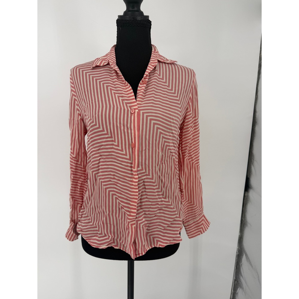 Josephine Chaus Petite Pink Chevron Stripe 100% Silk Roll Tab Blouse Size 4P